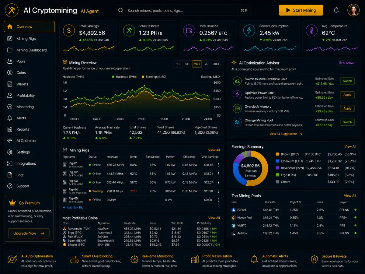 aicryptomining.app AI crypto mining monitoring app — dashboard preview